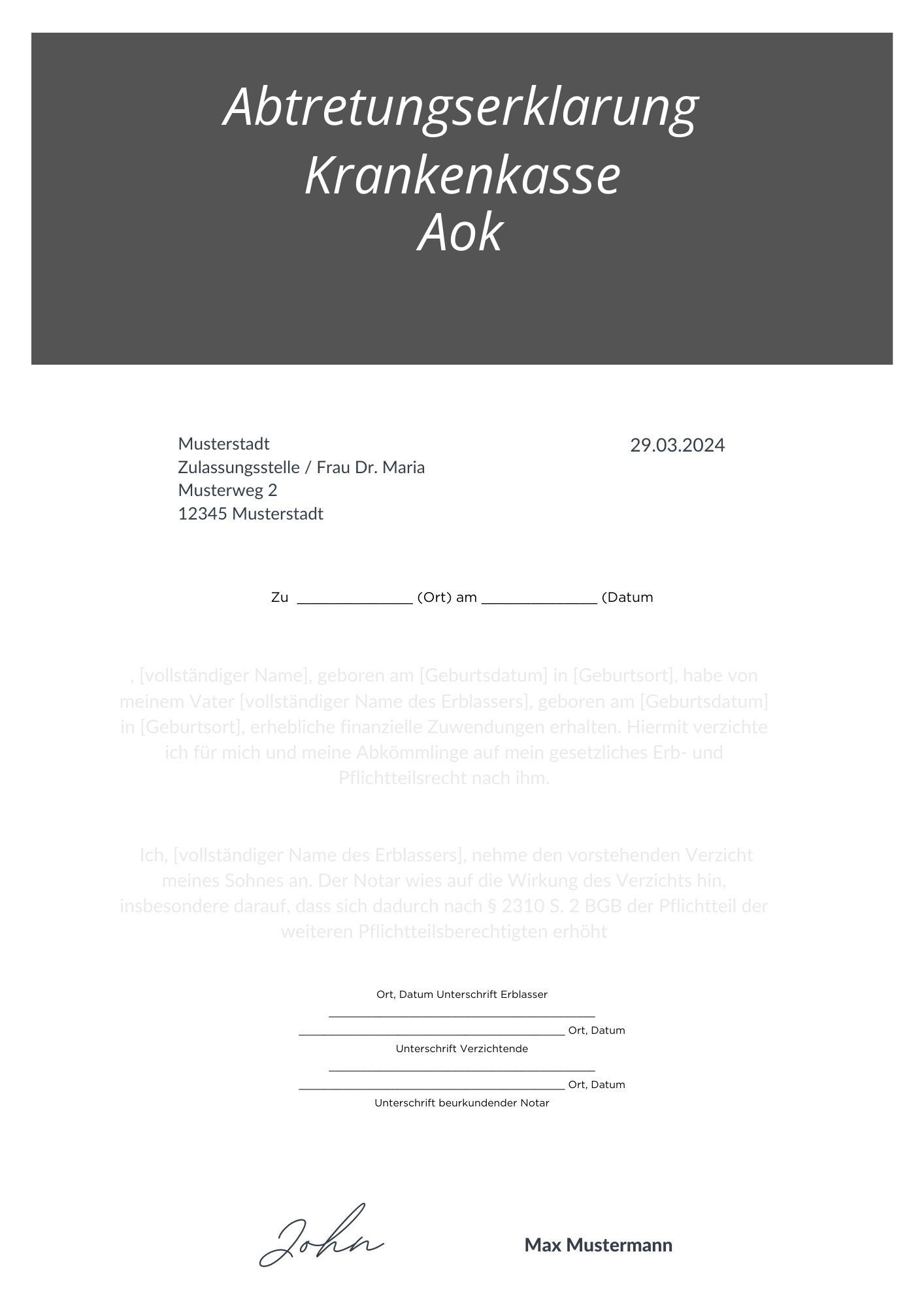 Abtretungserklärung Krankenkasse Aok
