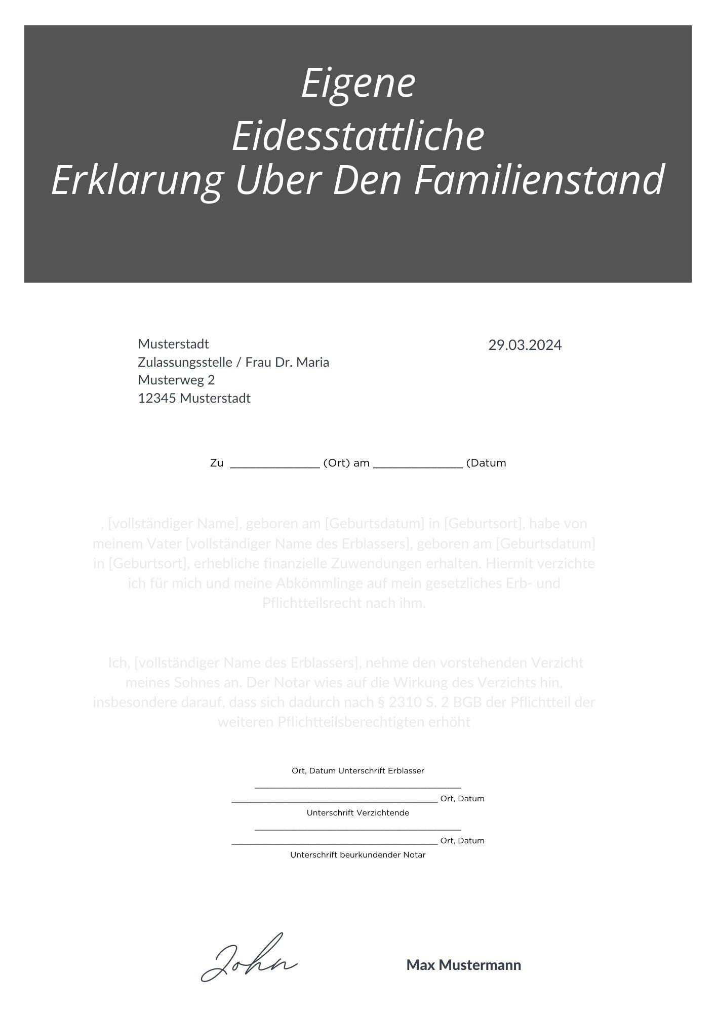 Eigene Eidesstattliche Erklärung Über Den Familienstand