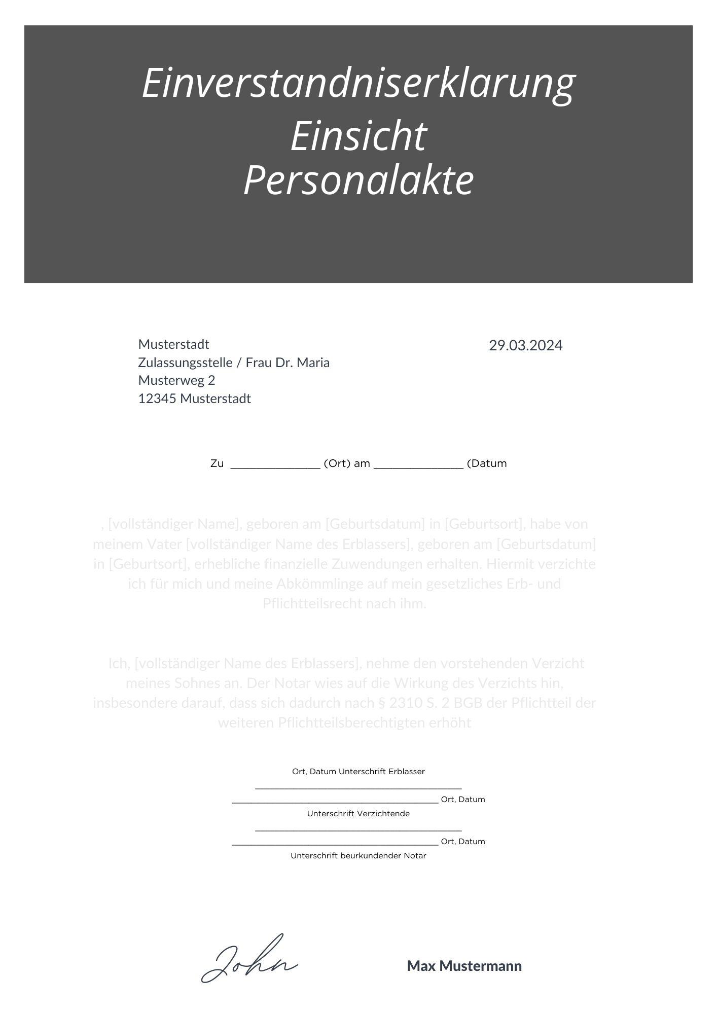 Einverständniserklärung Einsicht Personalakte
