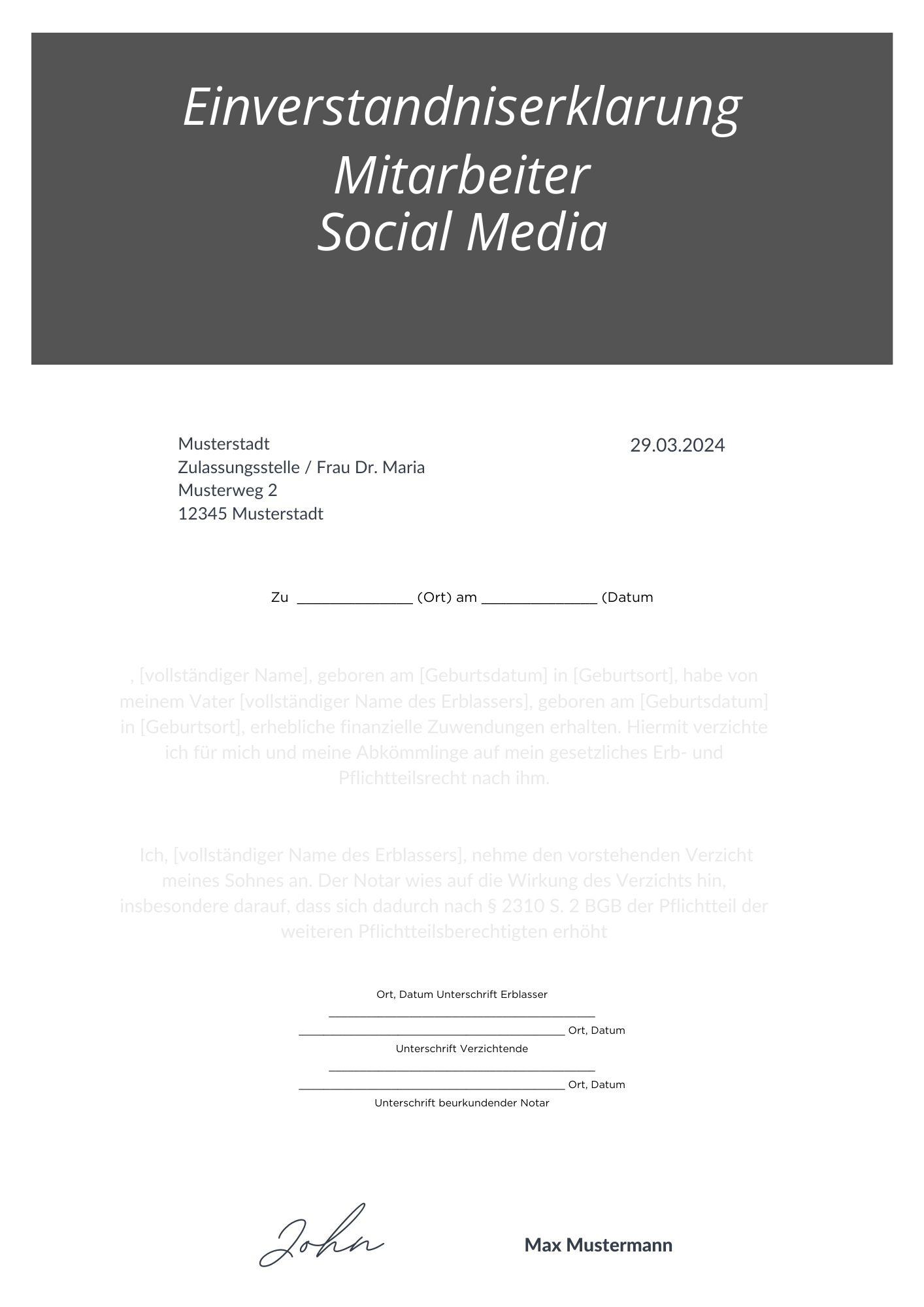 Einverständniserklärung Mitarbeiter Social Media