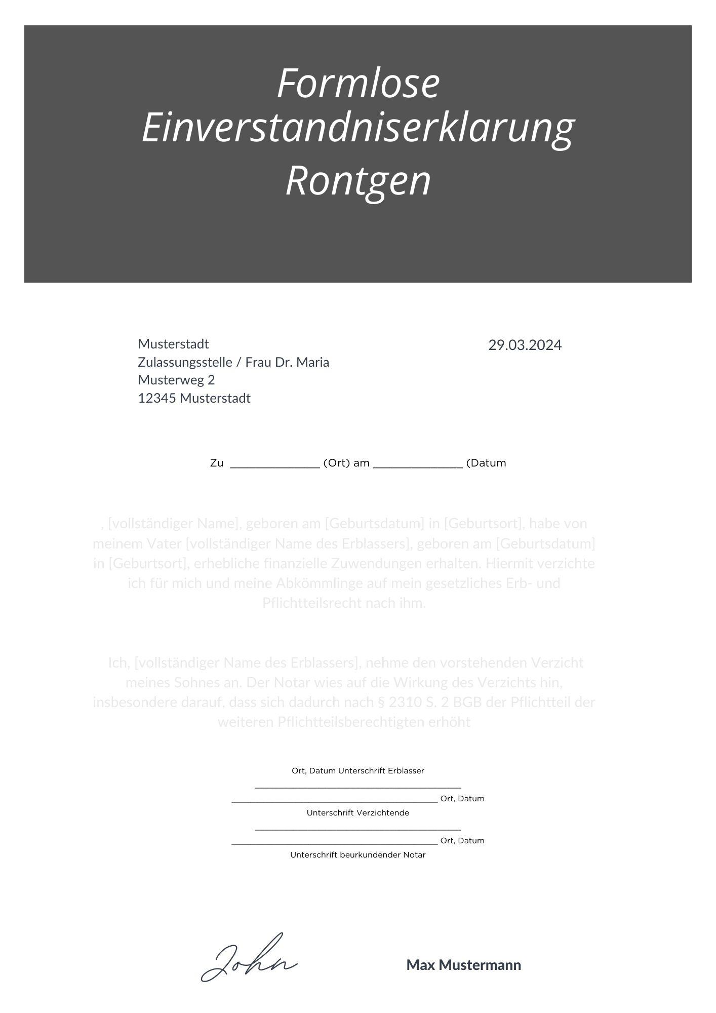 Formlose Einverständniserklärung Röntgen