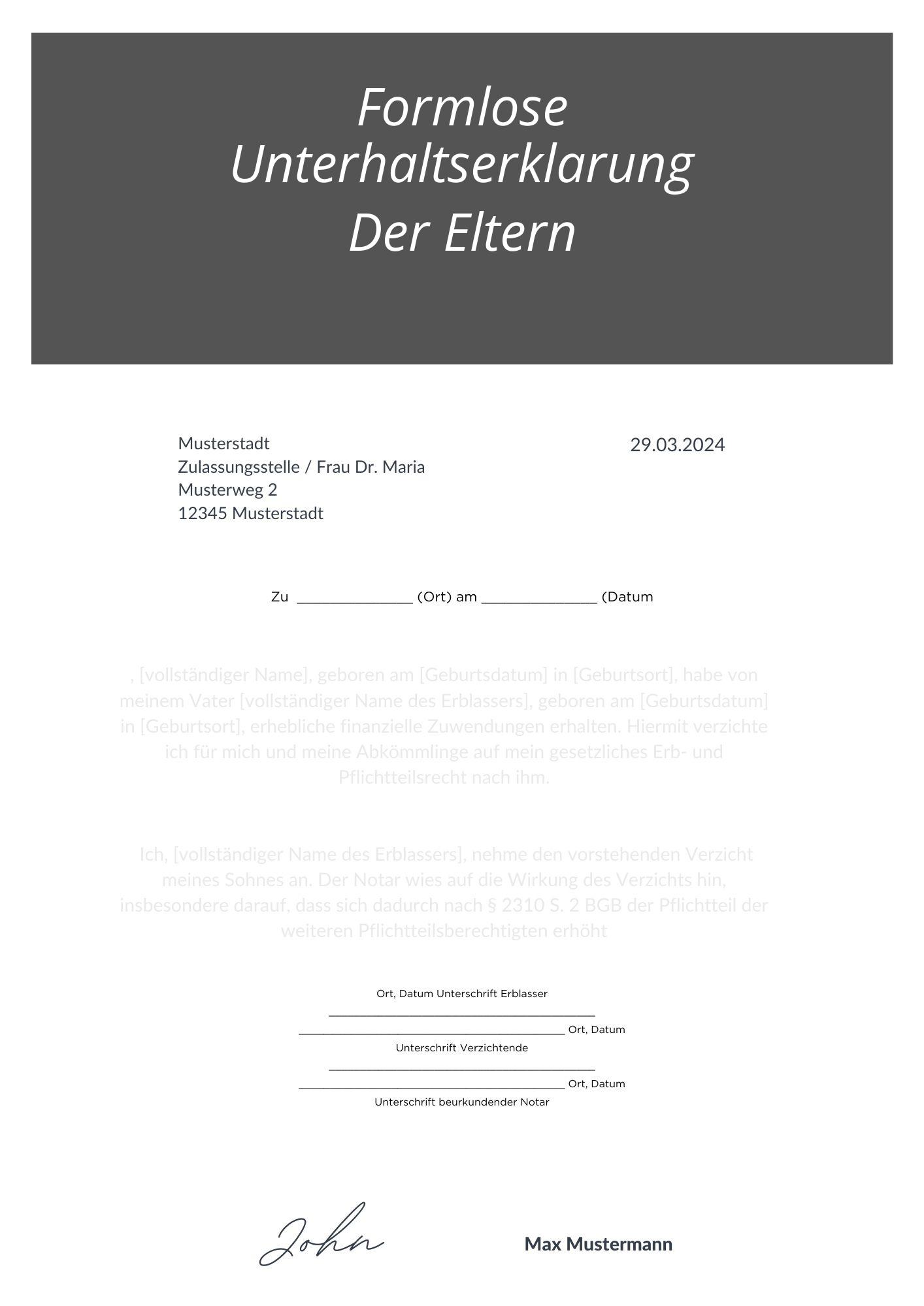 Formlose Unterhaltserklärung Der Eltern