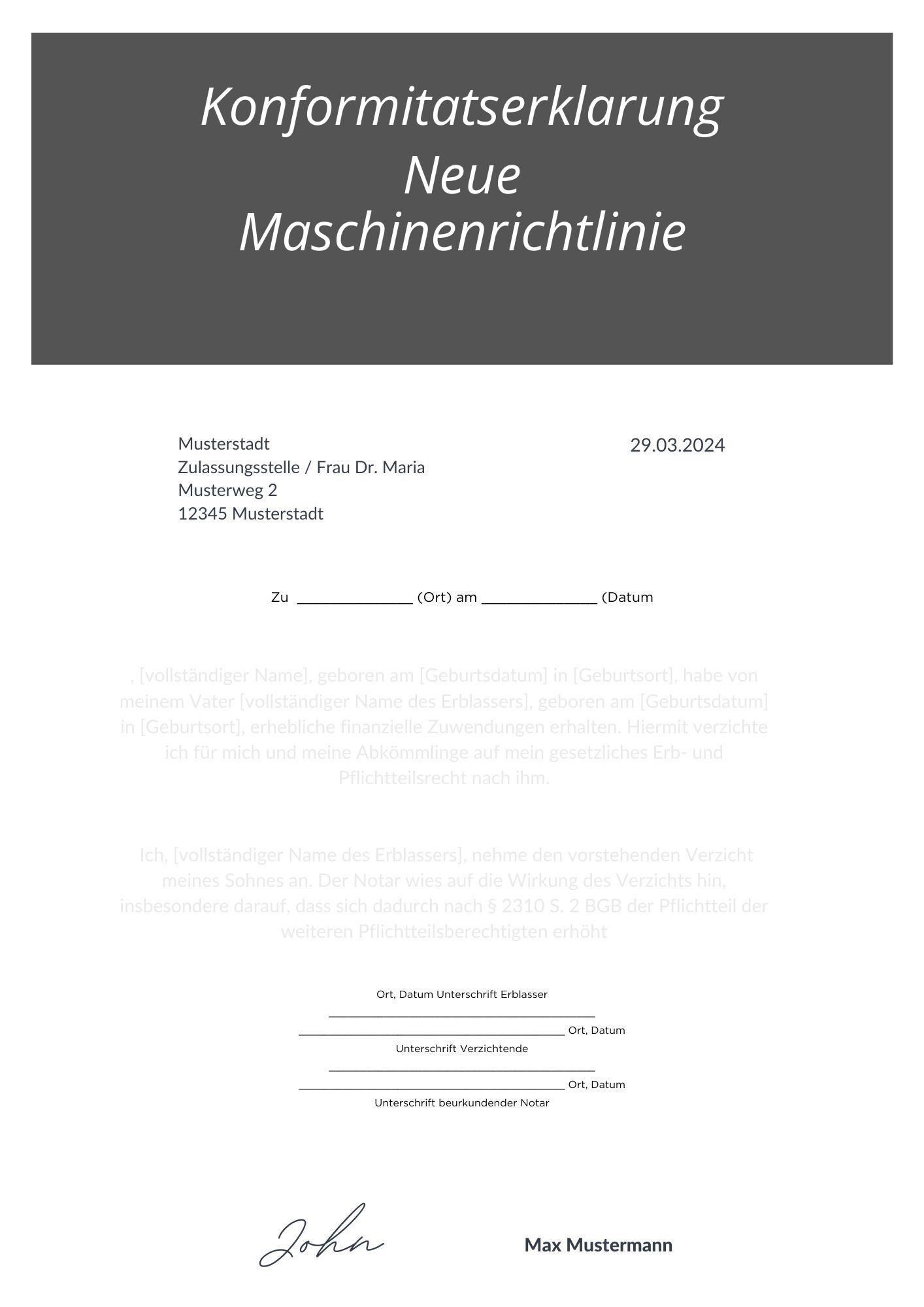 Konformitätserklärung Neue Maschinenrichtlinie