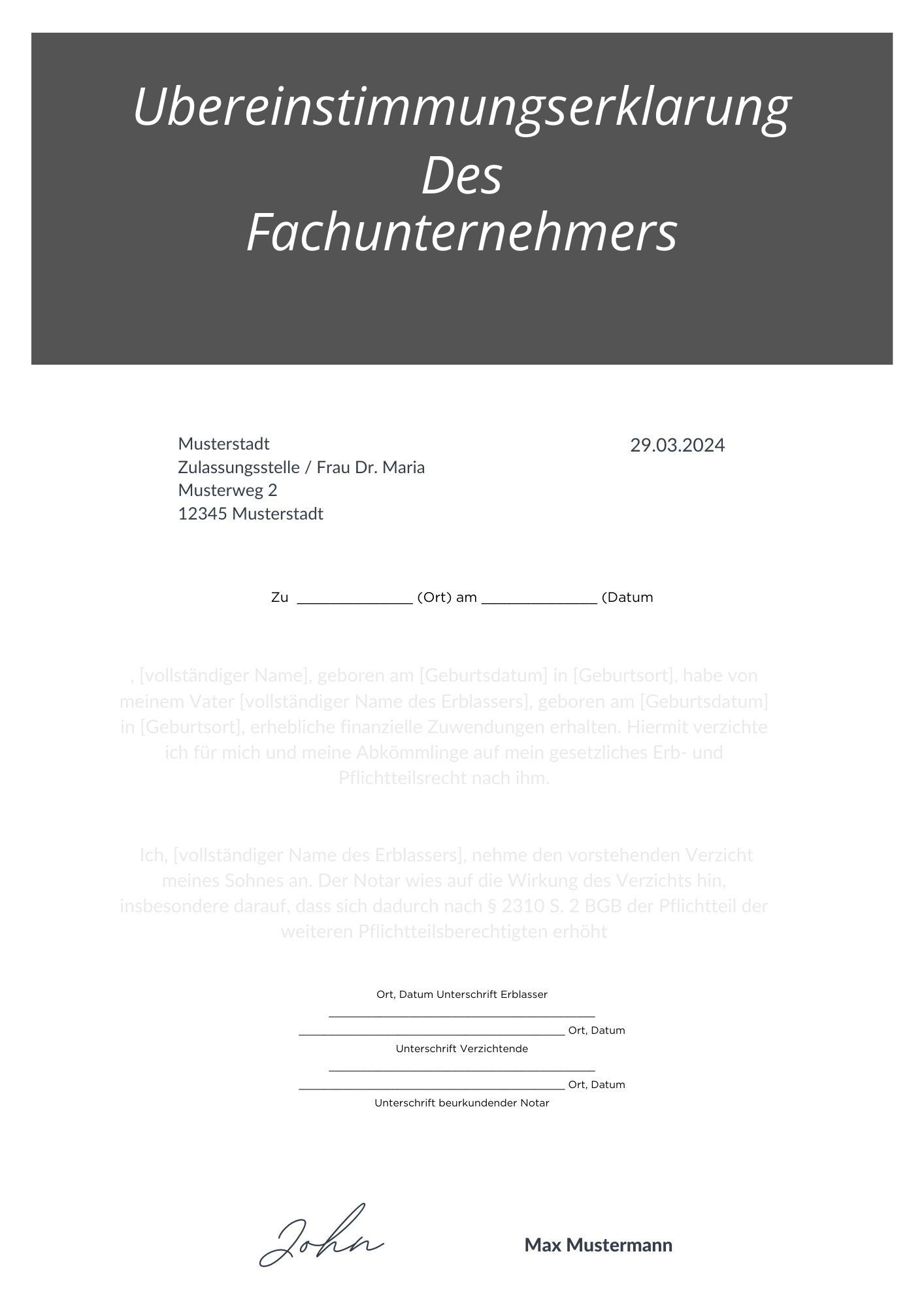 Übereinstimmungserklärung Des Fachunternehmers