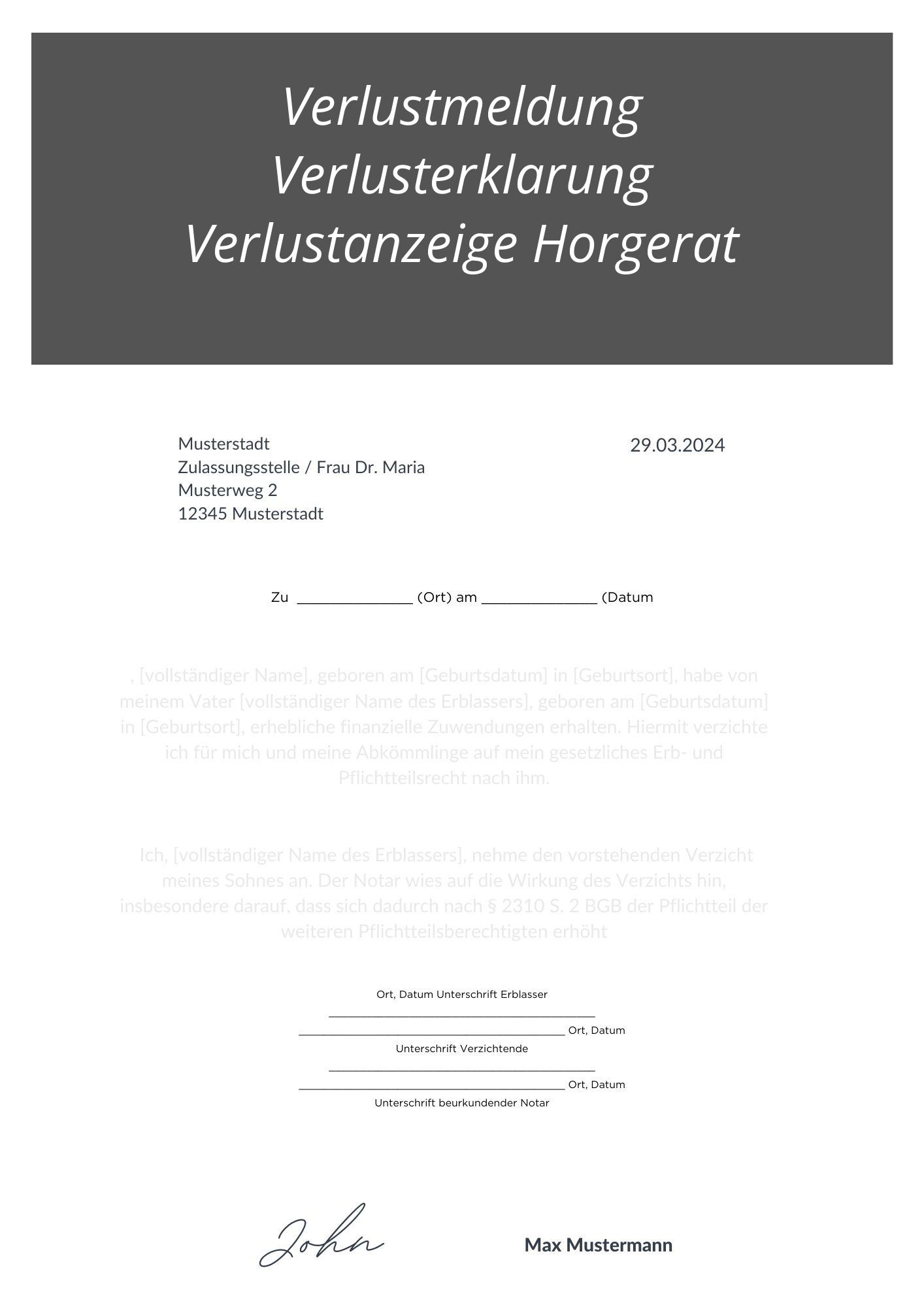 Verlustmeldung Verlusterklärung Verlustanzeige Hörgerät